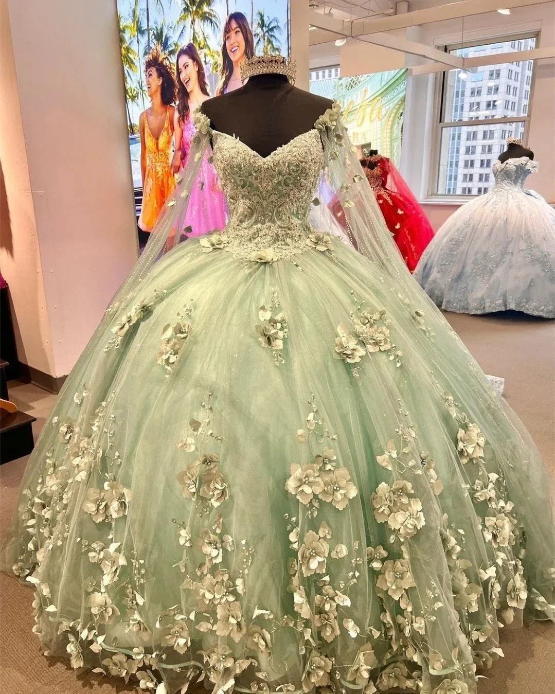 Mint Green Tulle Ball Gown with 3D Flowers,Sweet 16 Dress,Princess Dress,Quinceanera Dress   Y2252 - Image 2