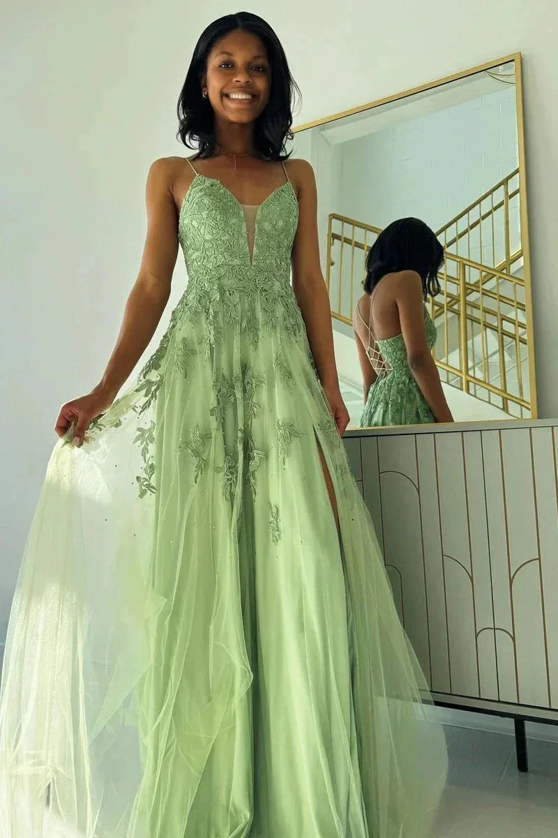 Sage Green V Neck Tulle A-Line Long Prom Dresses with Appliques - Image 2