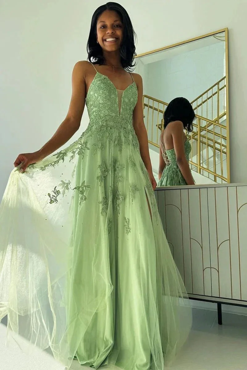 Sage Green V Neck Tulle A-Line Long Prom Dresses with Appliques - Image 3