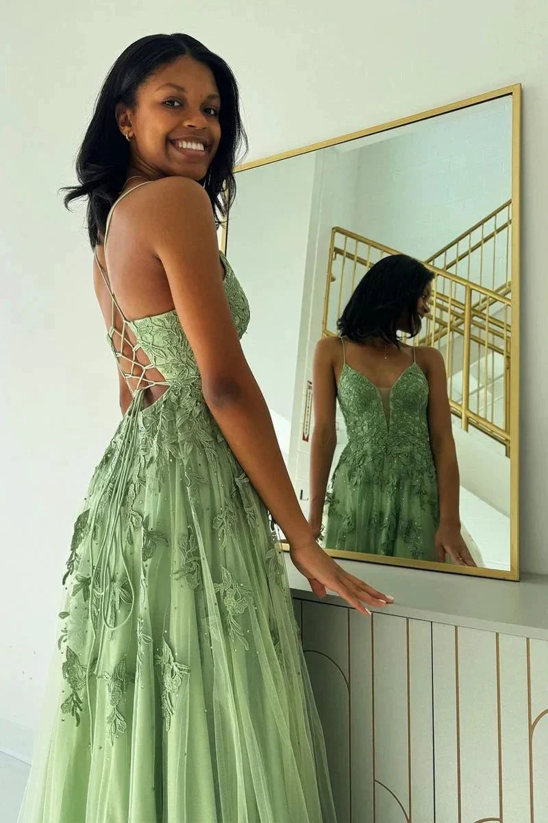 Sage Green V Neck Tulle A-Line Long Prom Dresses with Appliques - Image 4