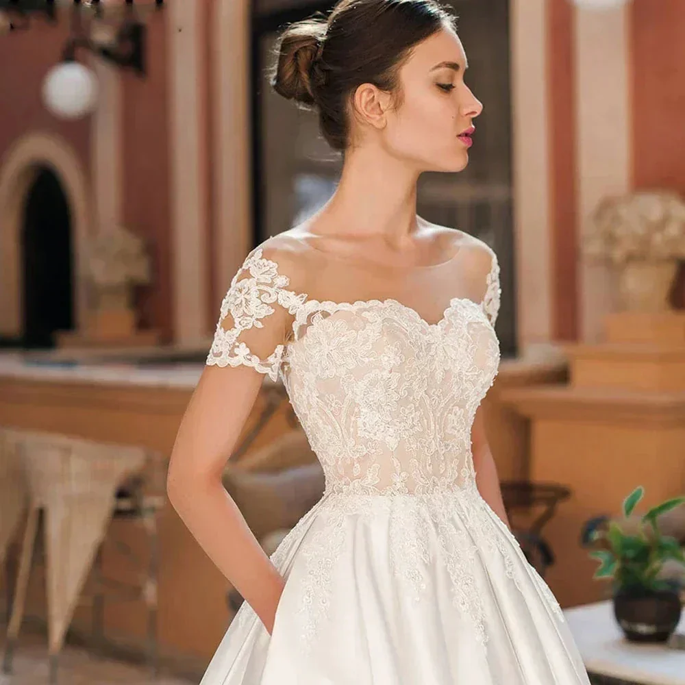 Satin A-Line Decal Wedding Dresses Women's Sweetheart Off Shoulder Button Backless Robe De Marée Lace Bridal Gowns With Pockets - Image 2