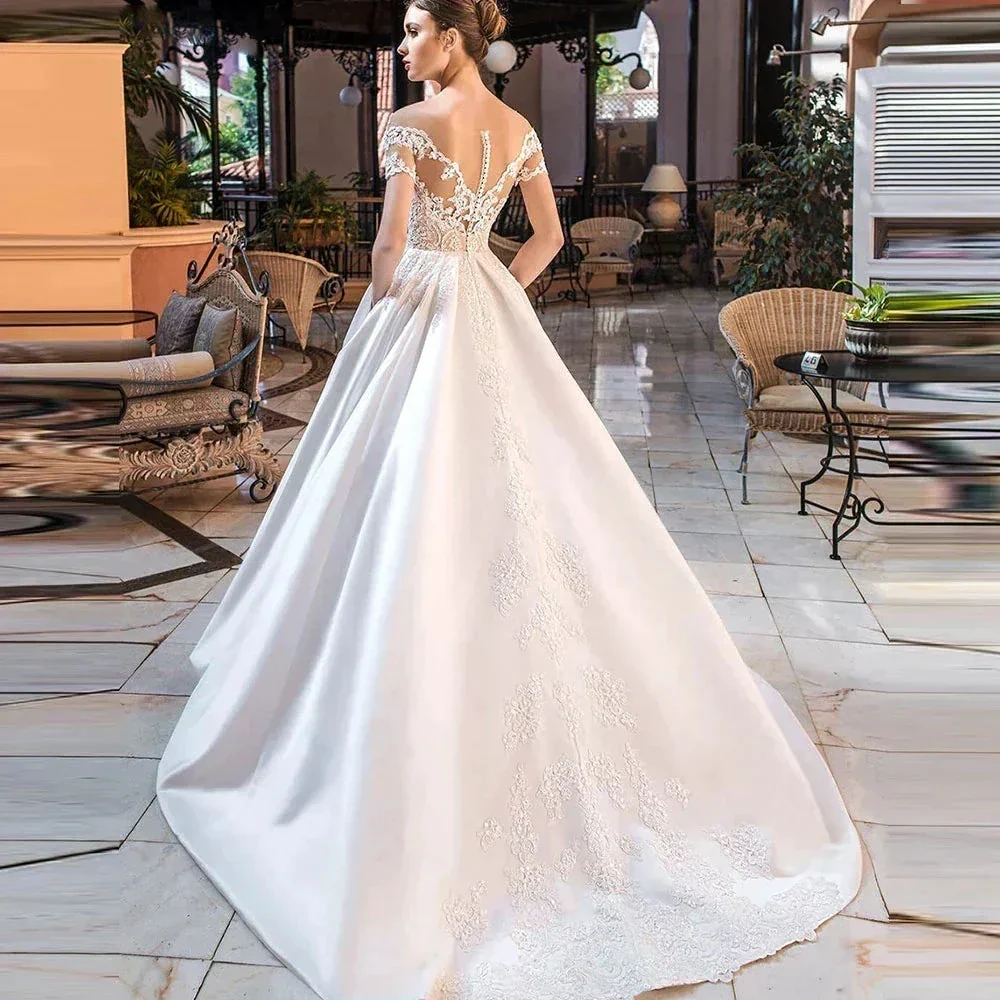 Satin A-Line Decal Wedding Dresses Women's Sweetheart Off Shoulder Button Backless Robe De Marée Lace Bridal Gowns With Pockets - Image 3