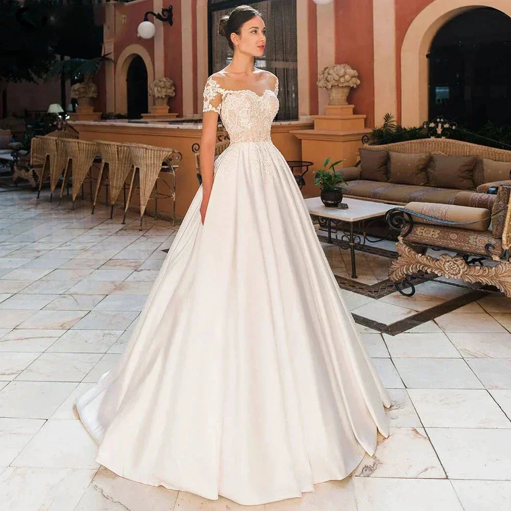 Satin A-Line Decal Wedding Dresses Women's Sweetheart Off Shoulder Button Backless Robe De Marée Lace Bridal Gowns With Pockets - Image 4