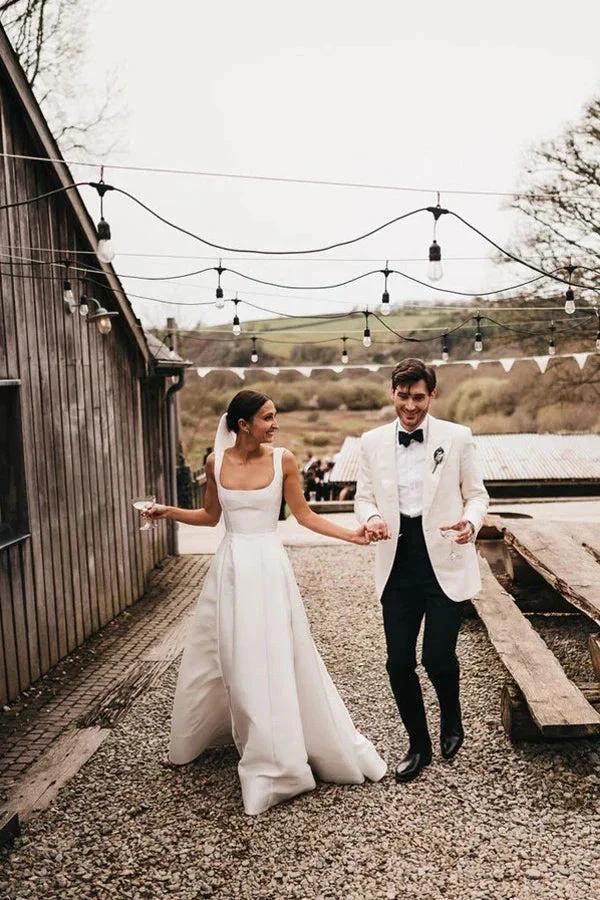 Satin A-Line Square Neck White Modest Wedding Dress WD737 - Image 2