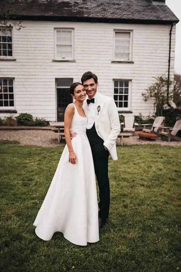 Satin A-Line Square Neck White Modest Wedding Dress WD737 - Image 4