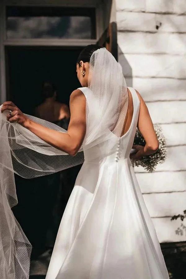 Satin A-Line Square Neck White Modest Wedding Dress WD737 - Image 5