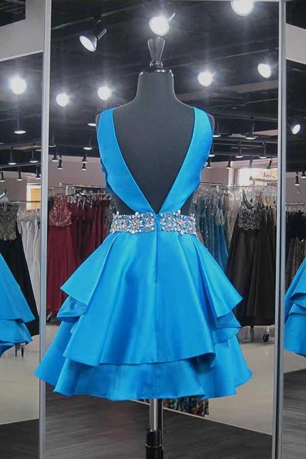 Satin Blue V-Neck Short Homecoming Dresses with Beadings PD042 - Image 2