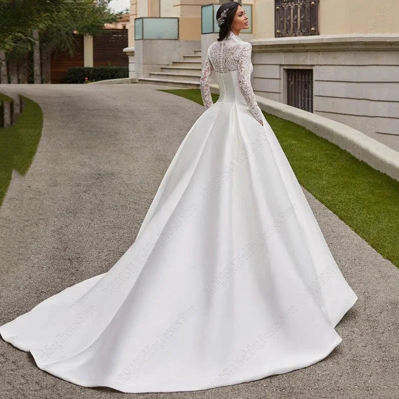 Satin Lace Ball Gowns For Bridal Appliques Full Sleeves Wedding Dresses Vestidos De Noiva Mariage Princess Custom Made - Image 2