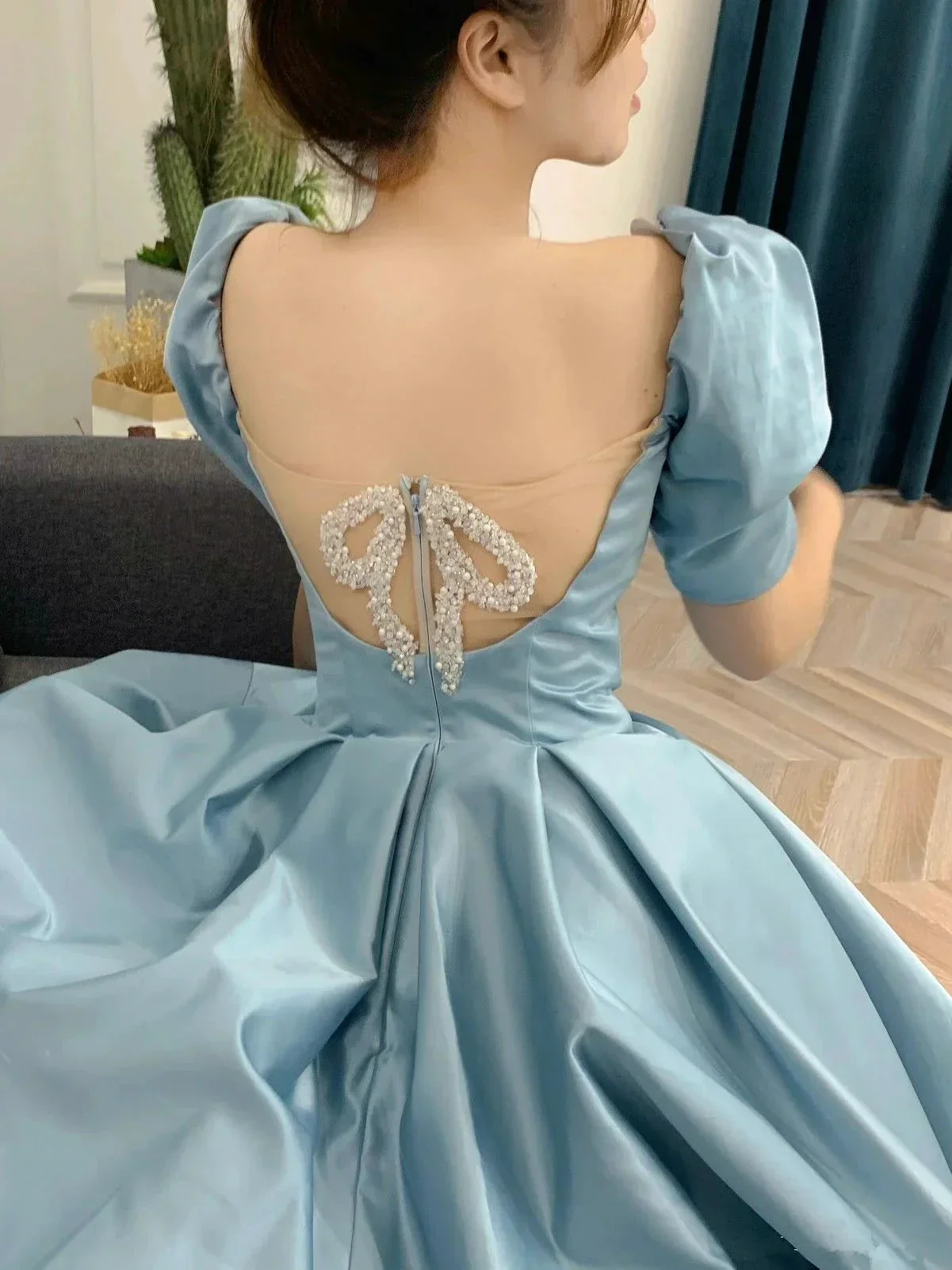 Satin Long Prom Dress A-Line Short Sleeve Evening Dress Y4657 - Image 2