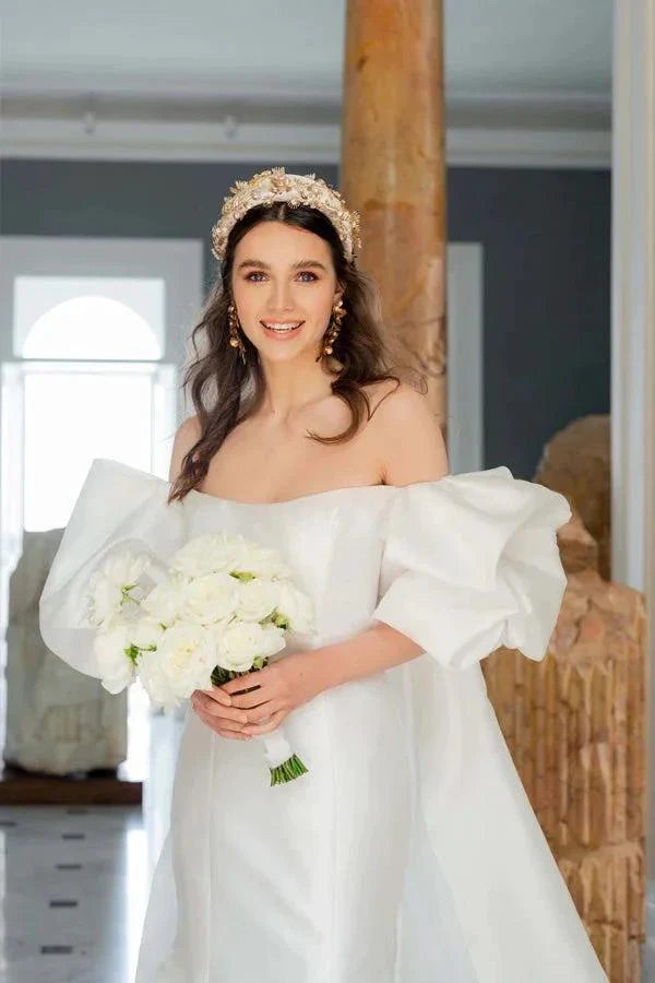 Satin Mermaid Off Shoulder Puff Sleeves Wedding Dress WD754 - Image 2