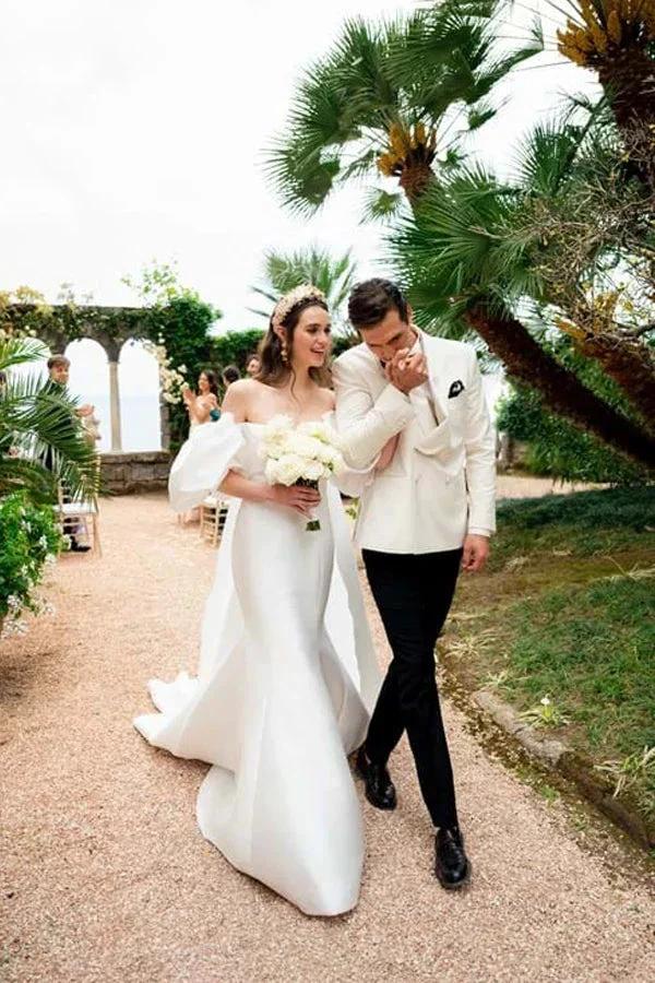 Satin Mermaid Off Shoulder Puff Sleeves Wedding Dress WD754 - Image 3