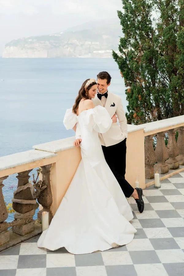 Satin Mermaid Off Shoulder Puff Sleeves Wedding Dress WD754 - Image 4