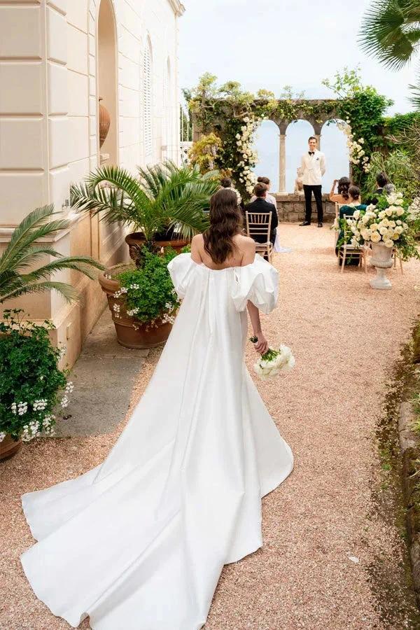 Satin Mermaid Off Shoulder Puff Sleeves Wedding Dress WD754 - Image 5
