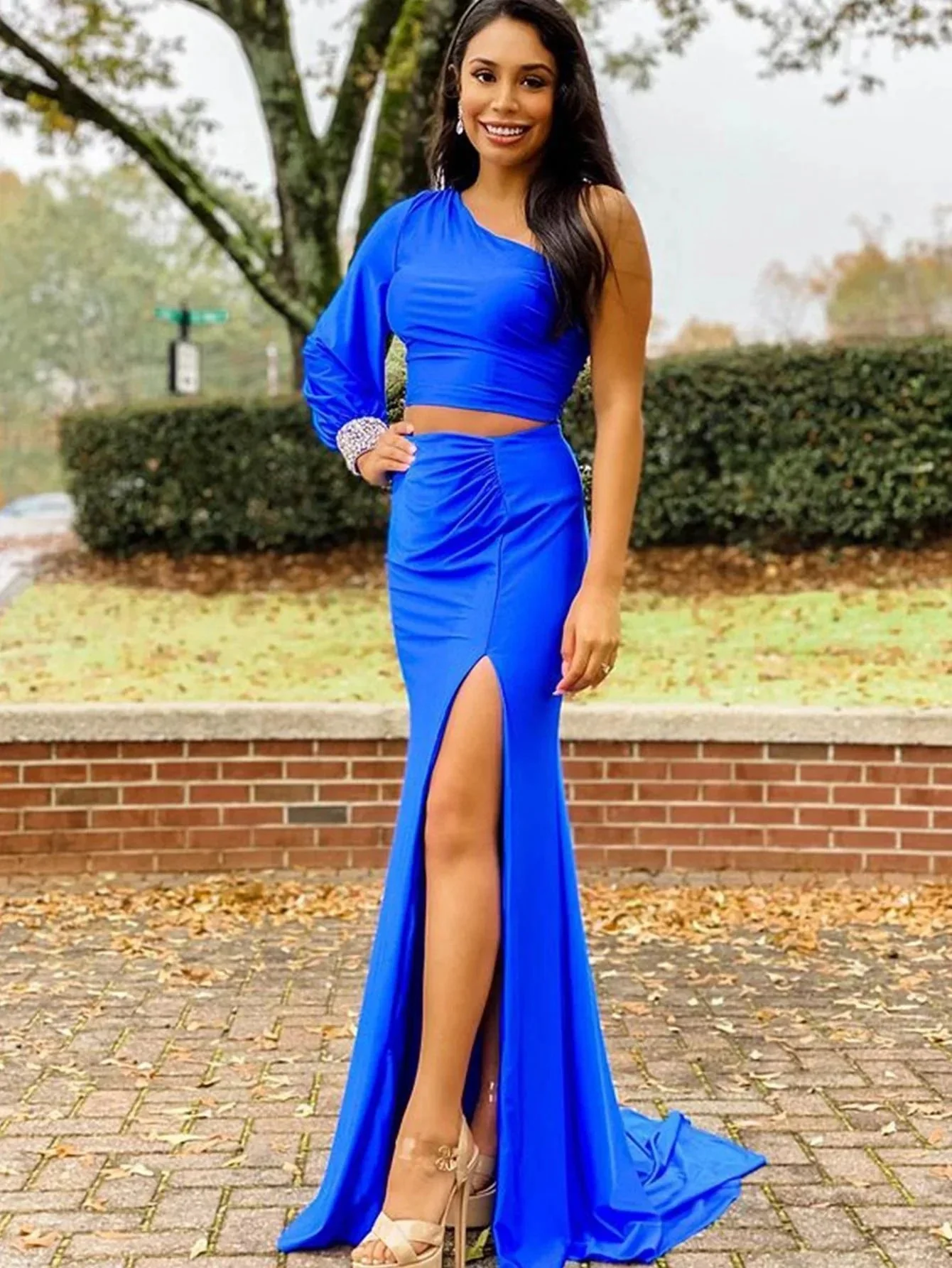 Satin Mermaid One Shoulder Two Pieces Set Black Long Prom Dress - Image 4