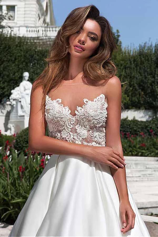 Satin Neckline A-line Wedding Dress With Pockets Lace Appliques WD217 - Image 2