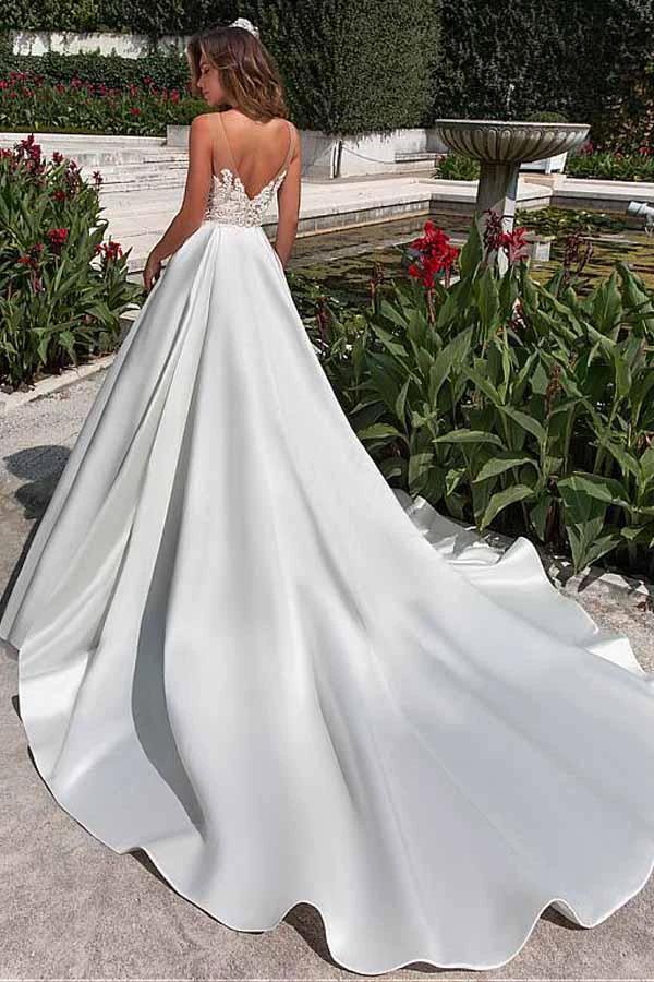 Satin Neckline A-line Wedding Dress With Pockets Lace Appliques WD217 - Image 3