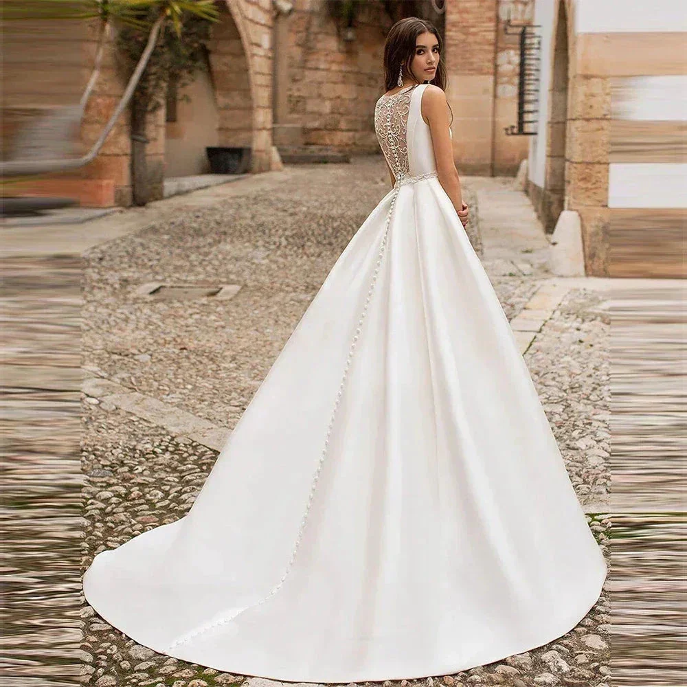 Satin Princess Wedding Dresses Scoop Neck Pockets Bride Gowns Buttons Country White Robe Plus Size 2023 - Image 2