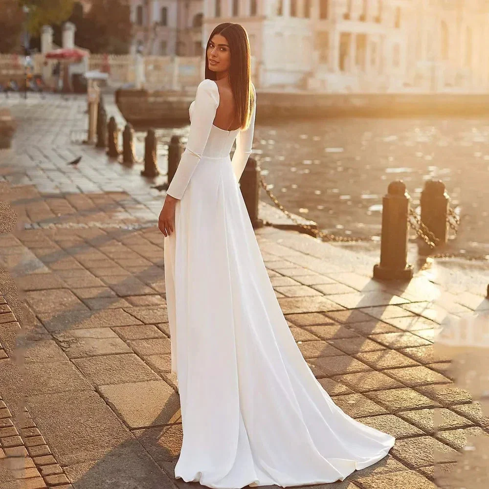 Satin Wedding Dresses For Bride With Long Sleeves Simple Sexy Bridal Gowns Sweetheart A Line Button Robe De Mariee - Image 2