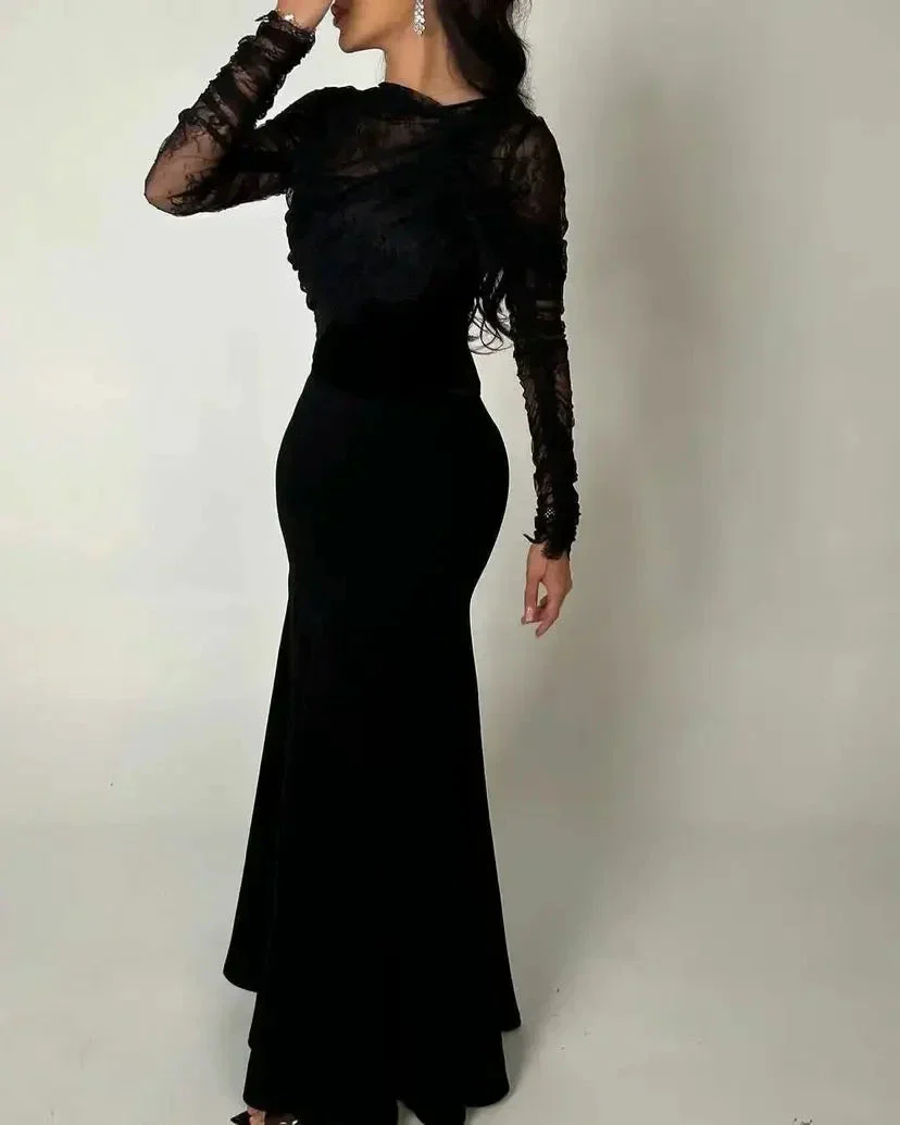Saudi Arabia Black Women Evening Gowns Beads Floor Length Prom Dresses Long Sleeves Formal Wedding Cocktail Party Dress - Image 2