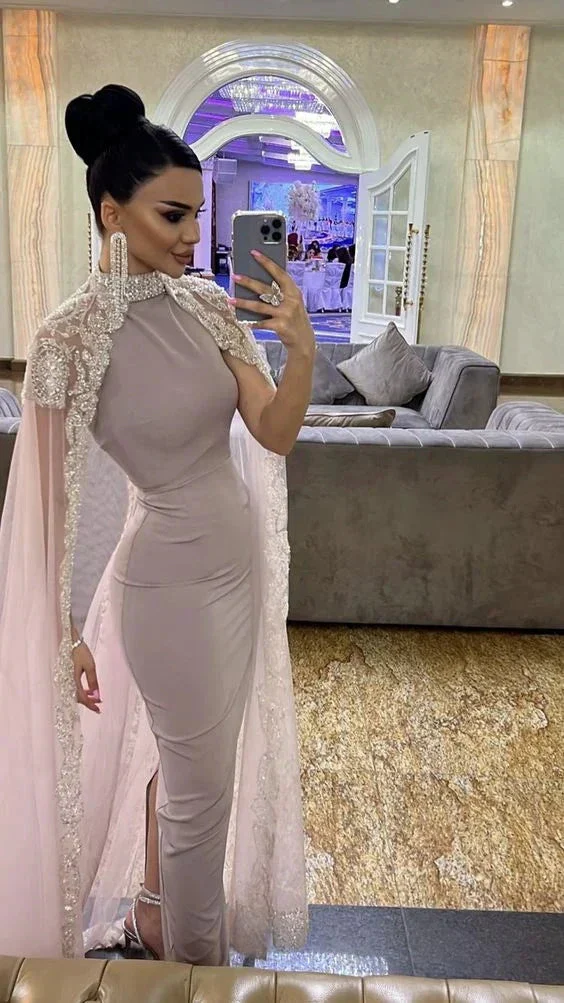 Saudi Arabia Prom Dress With Cape Dubai Formal Evening Dress Y6070 - Image 2
