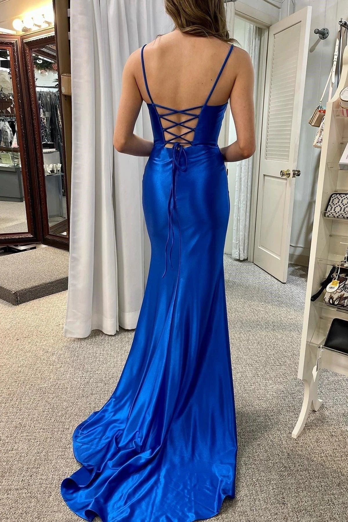 Saxon | Royal Blue Scoop Neck Lace-Up Pleated Mermaid Gown - Image 2