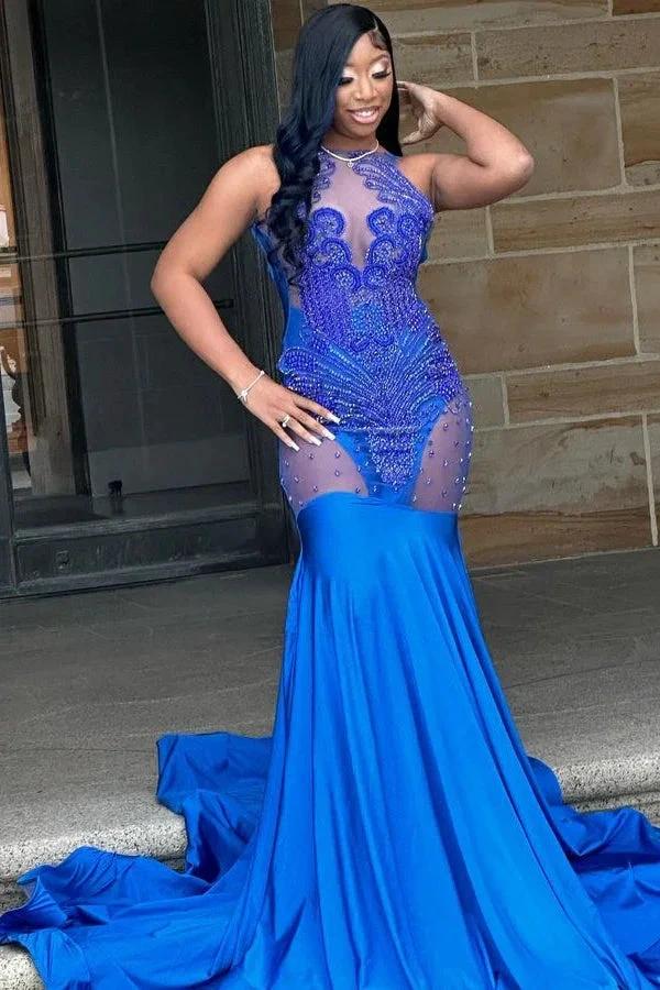 Saxy Royal Blue Lace Sleeveless Mermaid Prom Dress - Image 2