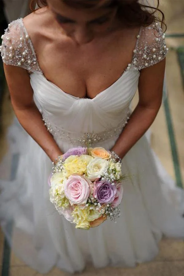 Scoop Cap Sleeves Sweep Train Beading Pleated Wedding Dress with Beading WD106 - Image 2