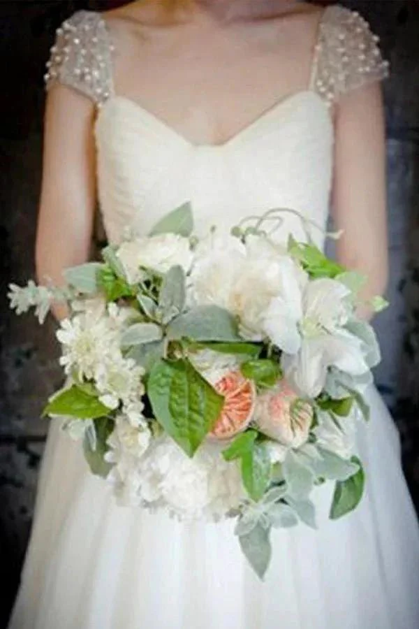 Scoop Cap Sleeves Sweep Train Beading Pleated Wedding Dress with Beading WD106 - Image 3