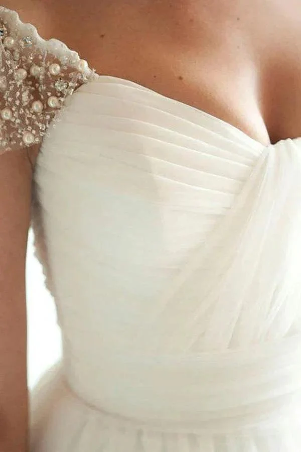 Scoop Cap Sleeves Sweep Train Beading Pleated Wedding Dress with Beading WD106 - Image 5