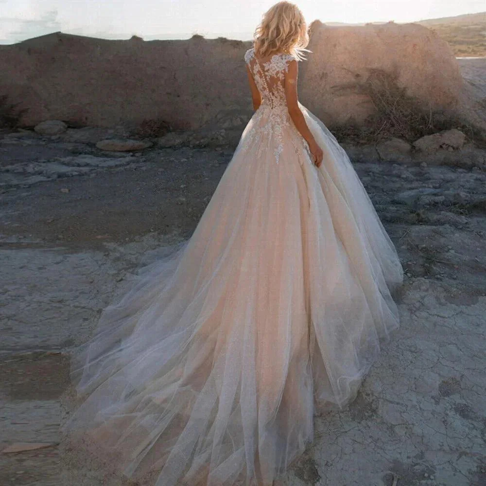 Scoop Lace Applique A Line Wedding Dresses Sleeveless Illusion Tulle Boho Bridal Gown Vestido De Noiva - Image 2