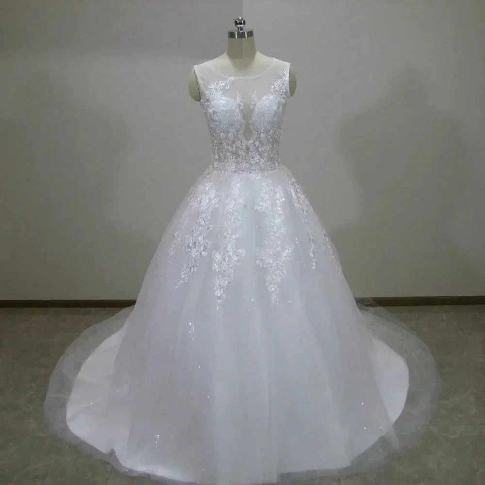 Scoop Lace Applique A Line Wedding Dresses Sleeveless Illusion Tulle Boho Bridal Gown Vestido De Noiva - Image 3