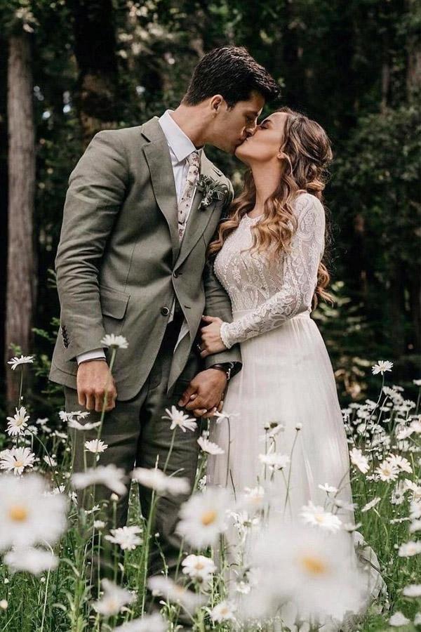 Scoop Long Sleeve Chiffon Wedding Dresses Backless Ivory Bridal Gown WD509 - Image 3