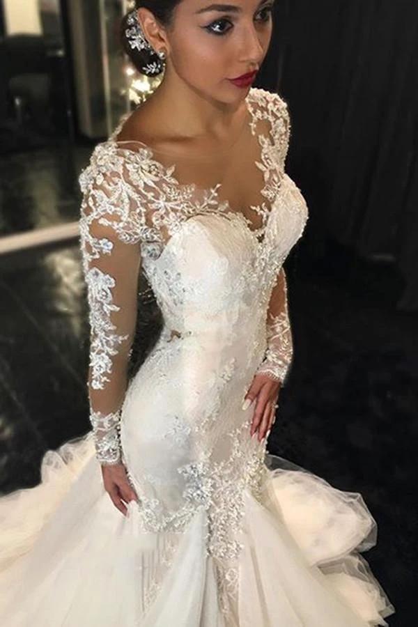 Long Sleeves Court Train  Ivory Wedding Dress With Lace Appliques WD037 - Image 2
