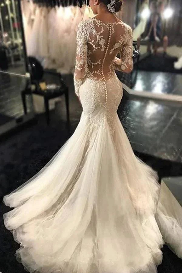 Long Sleeves Court Train  Ivory Wedding Dress With Lace Appliques WD037 - Image 3