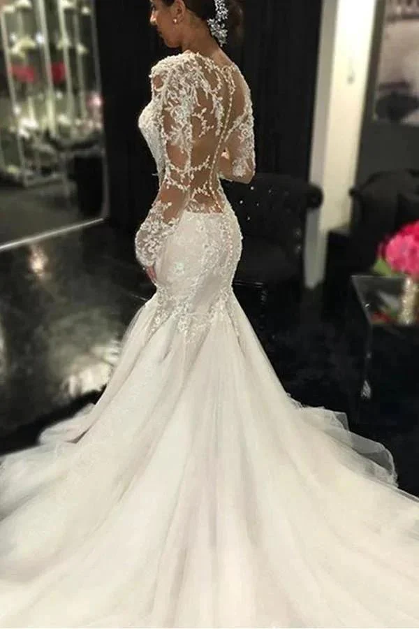 Long Sleeves Court Train  Ivory Wedding Dress With Lace Appliques WD037 - Image 4