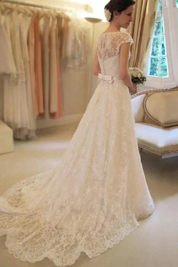Scoop Neck Short Sleeve A-Line Lace Wedding Dress WD043 - Image 3