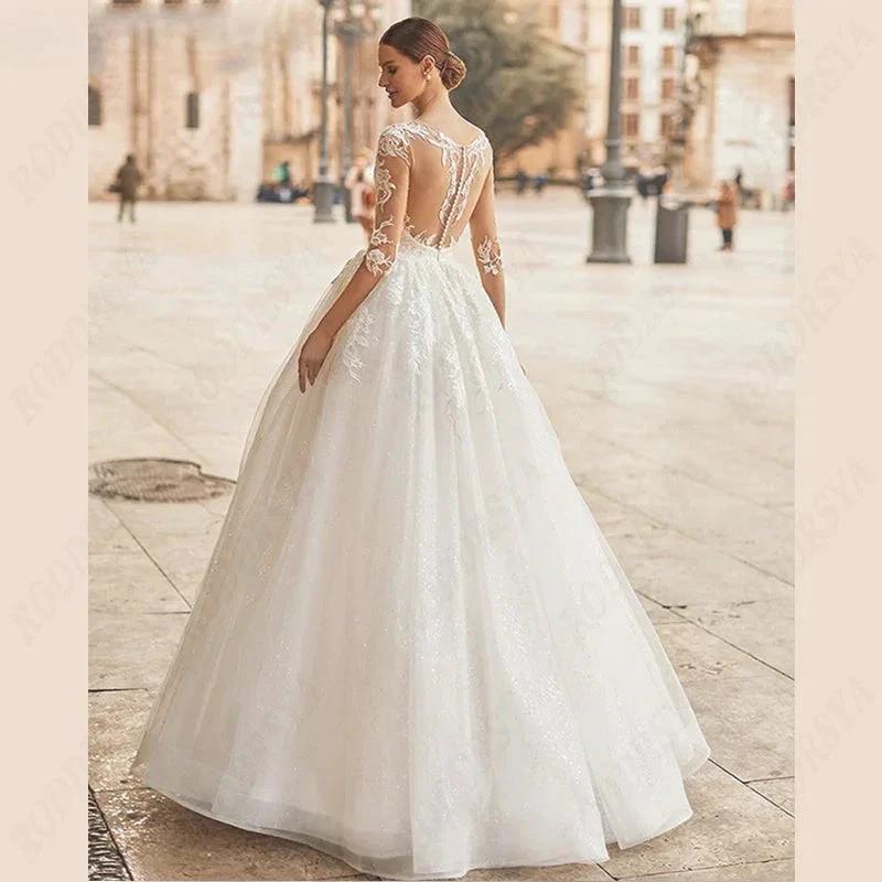 Scoop-Neck Wedding Dress Illusion Back Bridal Gown A-line Tulle Bride Party 3/4 Sleeve Lace Applique Vestido De Noiva - Image 2