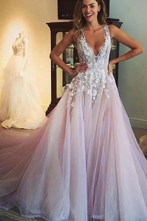 Scoop V-neck Long Wedding Dress/Prom Dress with Appliques PG359 - Image 2