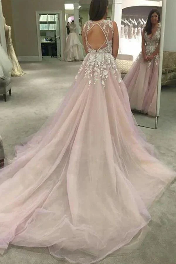 Scoop V-neck Long Wedding Dress/Prom Dress with Appliques PG359 - Image 3