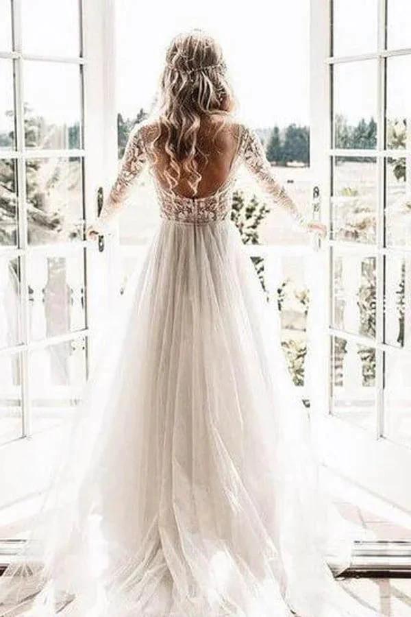 See Through Beaded Floral Lace Long Sleeve Boho Wedding Dresses MW269 - Image 2