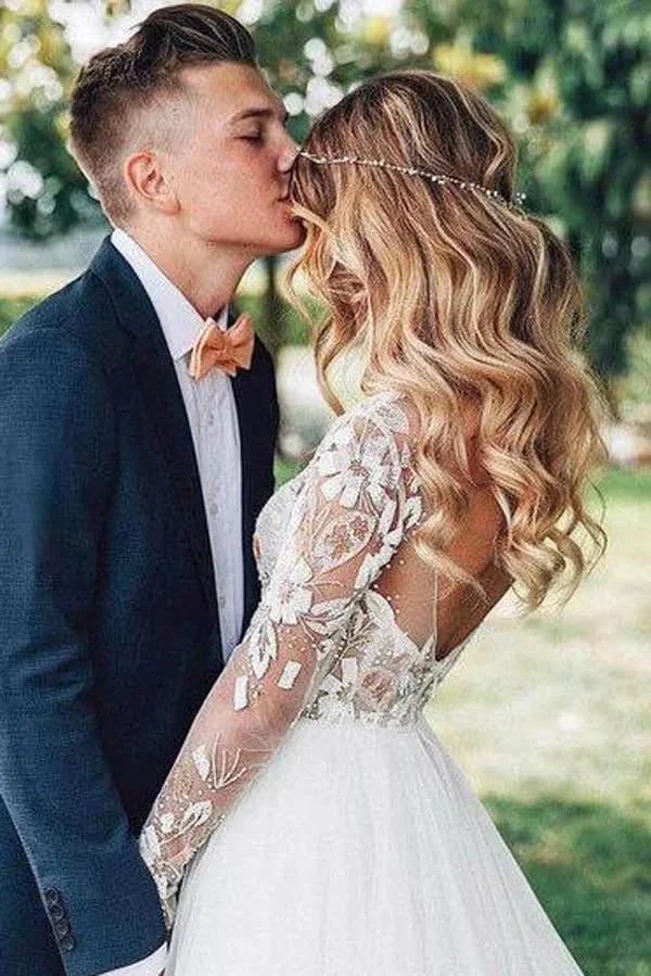 See Through Beaded Floral Lace Long Sleeve Boho Wedding Dresses MW269 - Image 3