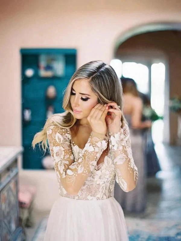 See Through Beaded Floral Lace Long Sleeve Boho Wedding Dresses MW269 - Image 4