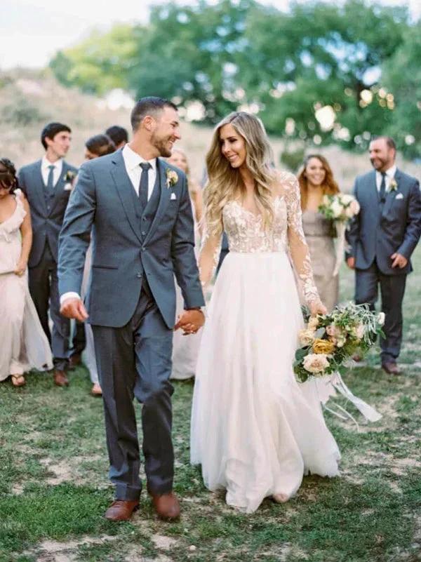See Through Beaded Floral Lace Long Sleeve Boho Wedding Dresses MW269 - Image 5