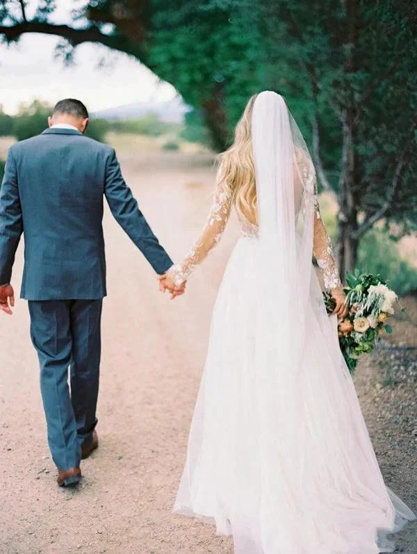See Through Beaded Floral Lace Long Sleeve Boho Wedding Dresses MW269 - Image 6