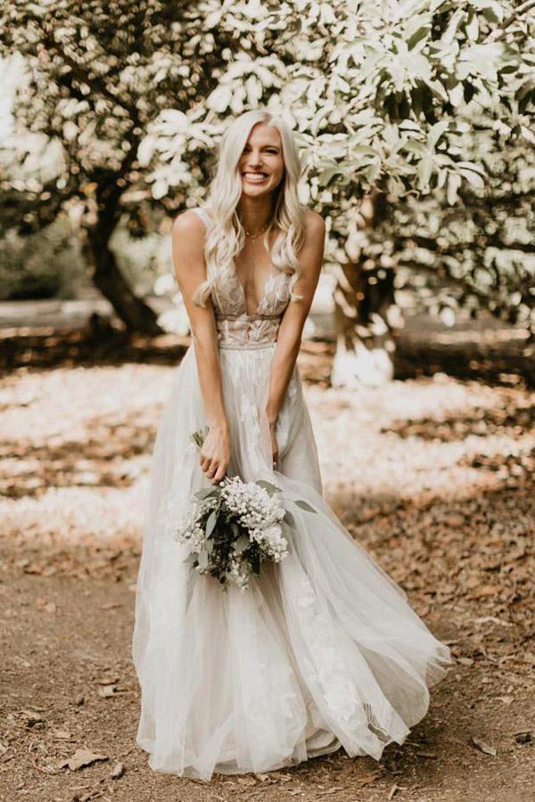 See Through Lace Ivory Tulle V-neck V-back Beach Wedding Dresses WD419 - Image 2