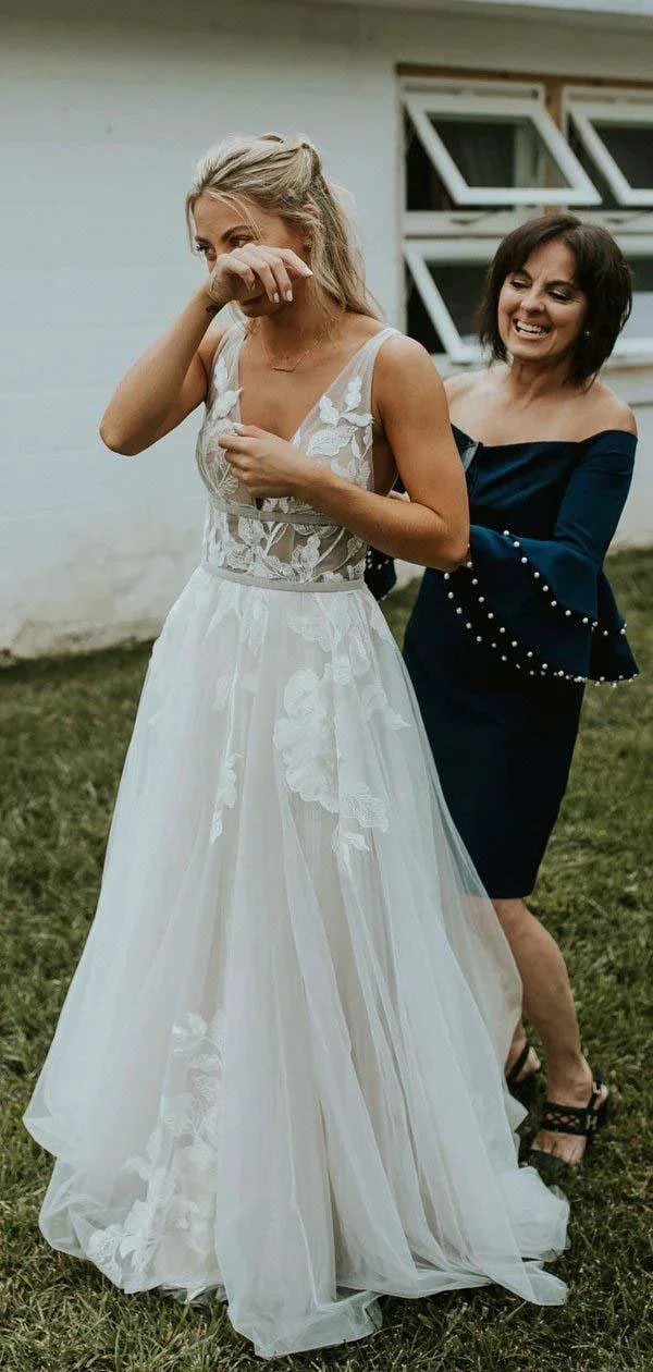 See Through Lace Ivory Tulle V-neck V-back Beach Wedding Dresses WD419 - Image 5