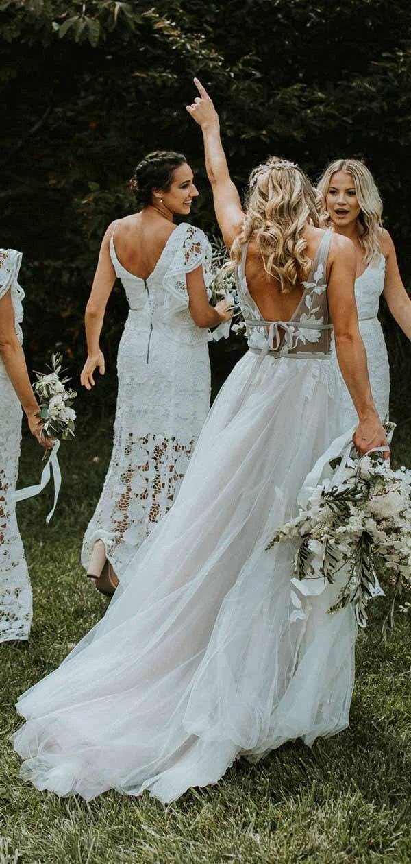 See Through Lace Ivory Tulle V-neck V-back Beach Wedding Dresses WD419 - Image 6