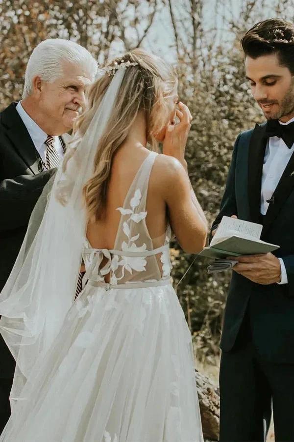 See Through Lace Ivory Tulle V-neck V-back Beach Wedding Dresses WD419 - Image 7