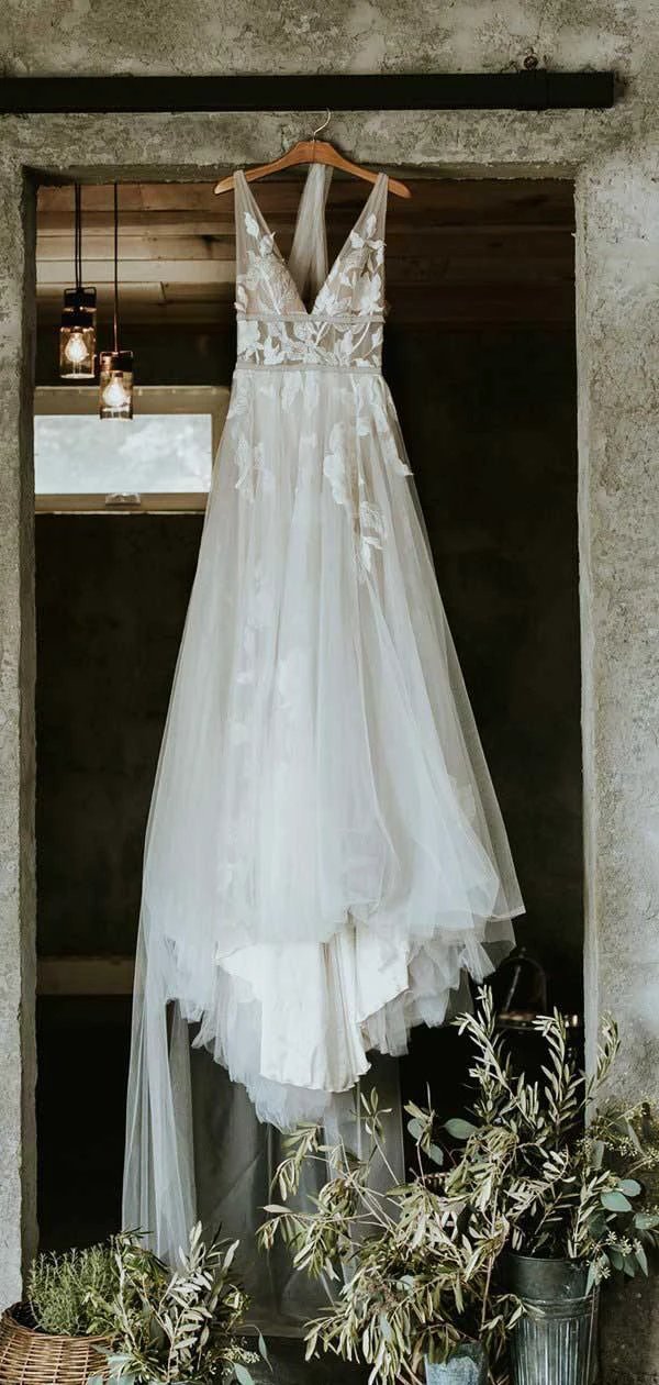 See Through Lace Ivory Tulle V-neck V-back Beach Wedding Dresses WD419 - Image 8