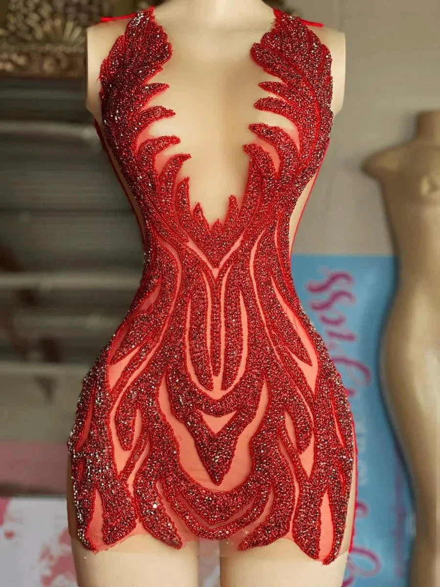 See Through Luxury Short Red African Black Girls Mini Homecoming Dress Y4424 - Image 2